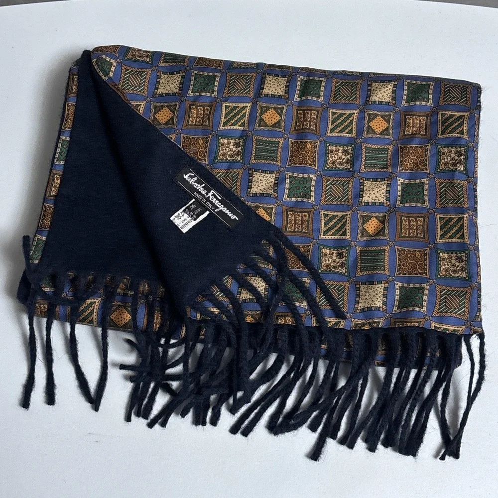 Salvatore‎ Ferragamo Silk Cashmere Winter Scarf Mens Blue Gold Italy Geometric